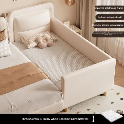 Solid Wood Extendable Baby Bed with Guardrail Wide Kids Bed for Co-sleeping Toddler Bed for Boys Girls