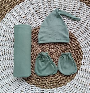 Set hemat 4 in 1 bedong polos bayi + topi kupluk + sarung tangan dan sarung kaki bayi baru lahir