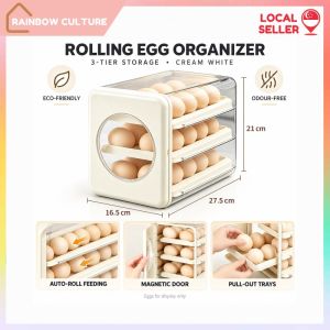 【Rainbow Culture】 Egg Storage Box 3 Tier Rolling Egg Organizer with Magnetic Door Pull Out Trays for Fridge Cream White