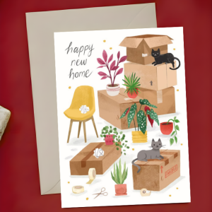 New Home Card - Happy New Home | Moving Boxes New Home New House | A6 Greeting Card | Free Envelope