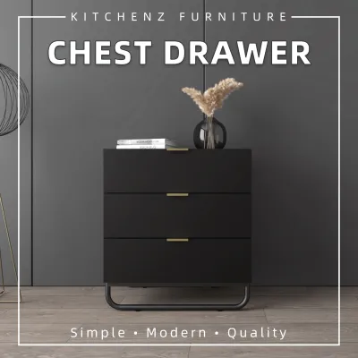 KitchenZ Bestar Series 2.3FT Chest Drawer Storage Cabinet Kabinet Drawer 3 Tier Drawer Particle Board Black - 0076-BK
