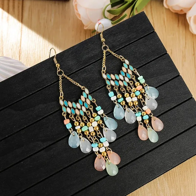 Bohemian Long Tassel Earrings - Turquoise Bead & Copper Coil Dangle Earrings For Women, Vintage Style - View #3