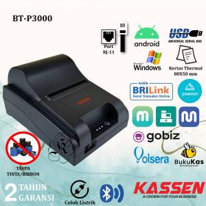 Kassen BTP3000 Printer Thermal Bluetooth 80mm USB Bluetooth RJ11 BTP 3000 / BT-P3000 Kertas Thermal 80x50 Cetak Struk Kasir PPOB Moka Olsera Bukan Autocutter