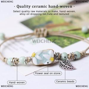 [COD] WEICHENG Handmade Sunflower Leaf Ceramic Bracelet Boho Adjustable Jewelry For Women Vintage Ethnic Gift