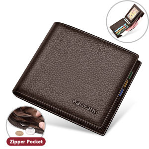 BANYANU RFID Protection Original Cowhide Genuine Leather Wallet Men Small Billfold Card Holder Purse for Birthday Gifts