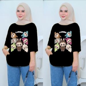 Blouse Wanita Oversize New Labubu Bahan Kaos Katun Combed 24s Aplikasi Sablon Gambar Kartun Lucu S M L XL XXL 3XL Baju Atasan Korean Style Outfit Remaja Kekinian Viral Termurah Bisa COD
