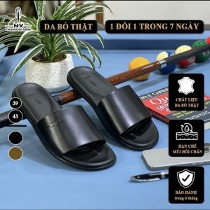 Dép Quai Ngang Nam Da Bò Thật Đế Đúc Nguyên Khối Màu Đen Hàng Cao Cấp Full Bill Box