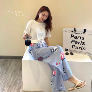 Breathing Cotton Silk Pants in Summer the New Korean Version of Ladies Floral Plus Size Loose Casual Wide-leg Pants Tide