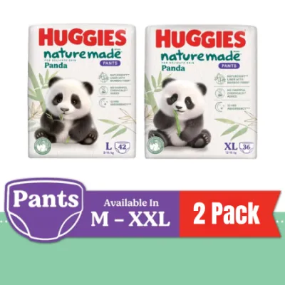 2 Pack Huggies Naturemade Panda Pants Diapers M56 / L42 / XL36 / XXL24 - Super Premium Baby Diaper with Bamboo Fiber