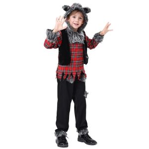 Boys Furry Werewolf Pup Cosplay Halloween Carnival Party Costumes Werewolf Cosplay Costume Jumpsuit Suit Bodysuit Carnival Birthday Party Clothes Animal Wolf Costume for Kids