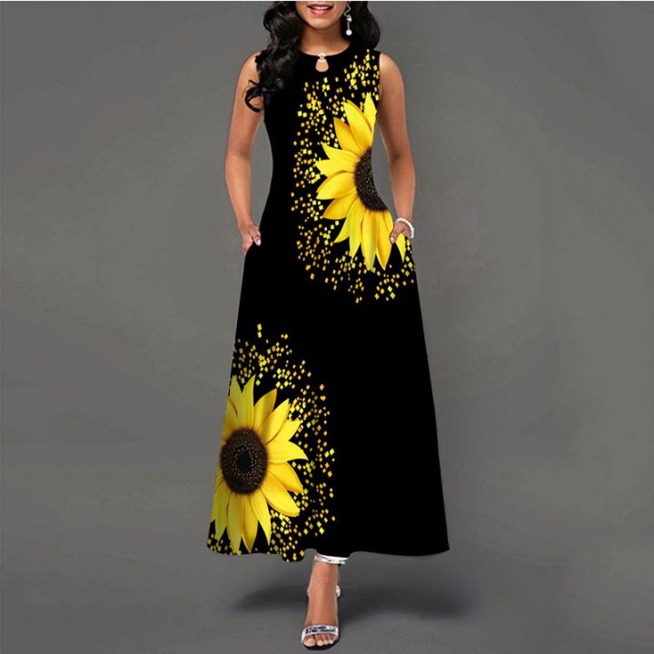 Summer Casual Sleeveless Print Floral Maxi Dress A LINE Boho Pocket Vintage Sunflower Flowers Dress loose and comfortable Lazada