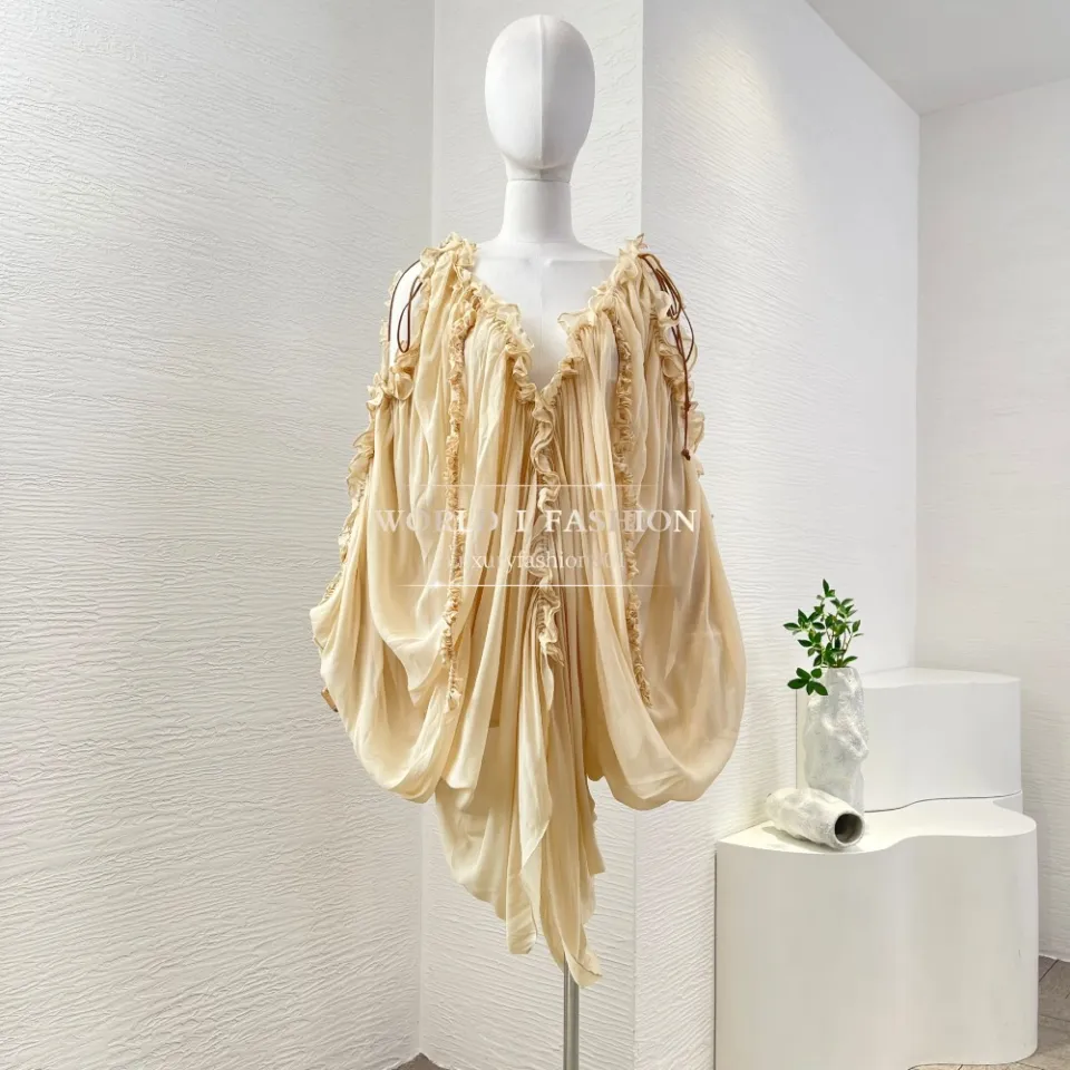 beige ruffles batwing sleeve v neck pleat backless mini dress | Lazada PH