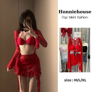 Hàng sẵn ship hoả tốc-Đồ bơi bikini 4 chi tiết mix chân váy tua rua sang chảnh màu đỏ và