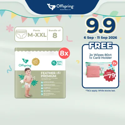 Offspring FeatherAir Premium Baby Diapers Pants M352/L304/XL256/XXL224 [8 Packs]