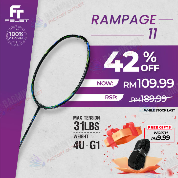 【FRAME ONLY + FREE GRIP】 FELET Rampage 11 (Black) Badminton Racket