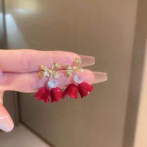 Fashionable Ring Gift 925银针秋冬红色复古植绒蝴蝶结流苏耳环ins新年酒红毛球珍珠耳钉