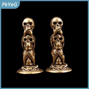 PkYeG 1PC Brass ba lớp Sọ Đầu nhỏ tượng máy tính để bàn trang trí Vintage Punk tiểu bức tượng nhỏ nhà decors đồ trang trí