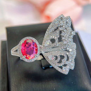 SEQUITO Innovate Design Silver Plated Finger Jewelry Pave Setting Red White AAAAA Cubic Zirconia Newest Style Two Circles Butterfly Ring SR157