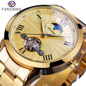 new Forsining mens stainless steel tourbillon design black moon phase dial mens automatic mechanical watch top brand luxury. Mens gift