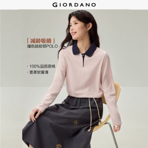 Giordano Beau Monde Women Contrast doll collar long sleeve polo shirt Free Shipping 13316608