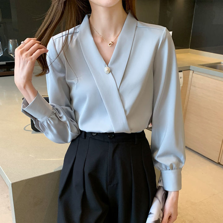 Korean Shirts Tops Women Blouses Office Chiffon Shirts Elegant V