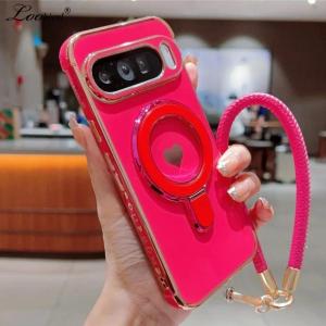 Cute Love Heart Wrist Strap Bracket Case for Google Pixel 8 9 10 11 Pro XL 9A 8A 7A Ring Holder Stand Lanyard Plating Soft Cover