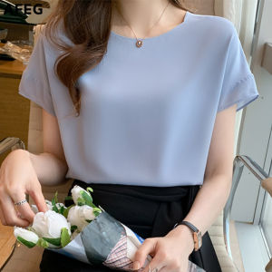AFEG Korean style womens short-sleeved simple temperament solid color blouse for women