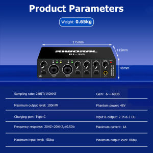 Sound Card 4 Channel Soundcard Usb Audio Interface Audio System Reverb Adjustment Knob 24-Bit/192 Khz Recording Sound Audio Interface Gain Control + 48v Phantom Power Supply
