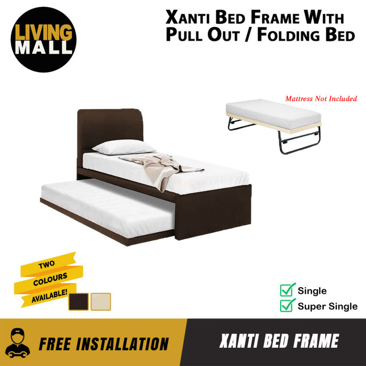 Livingmall Xanti Bed Frame With Pull Out / Folding Leg Bed Option In Brown And Cream Colour