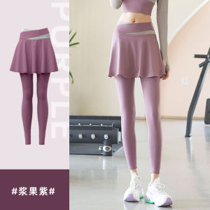 Women 2 in 1 High Waist Yoga Pants with Skirt Color Splicing Tight Fit Leggings Comfortable Tummy Control Tennis Golf Dance Sports Skirt Leggings Ladies Sportswear