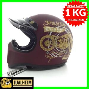 HELM CAKIL HBC BORN TO RIDE MERAH MAROON + FREE Google ( Vespa / Klasik / Retro / Vintage / Classic )