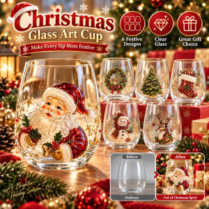 Christmas Glass Art Cup Portable Novelty Christmas Glass Water Cup Festive Xmas Drinking Cup Cute Holiday Party Gift Glassware