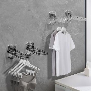 GIGBM Plastic Suction Cup Clothes Hanger 6-hole Wall Mounted Clothes Drying Rack Portable Angle Adjustable Laundry Rack Hook for Home
