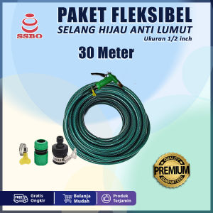 Paket Selang Air Fleksibel SSBO 1/2 Inch Hijau Anti Lumut 30 M Kepala Semprotan Taman dan Kendaraan