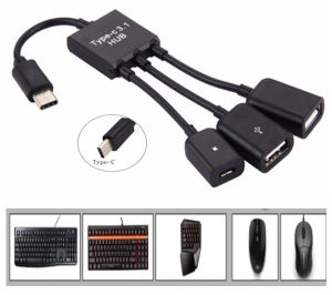 Type C OTG hub แบบมีไฟเลี้ยงด้วย Type C Cable 3 in 1 Type C OTG Host Cable Hub Cord Adapter Connector Splitter