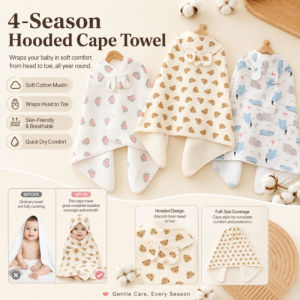 JMY Baby Hooded Towel Cartoon Cape Bath Towel Muslin Soft Absorbent Breathable Newborn Toddler Kids Hooded Bath Towel All Season