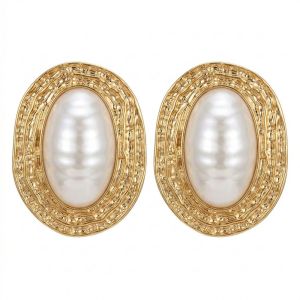 GAOSU Vintage Oval Metal Pearl Earrings Imitation Gold Geometric Exaggerated Earrings Personality Ruffled Stripes Large Stud Earrings Women Jewelry