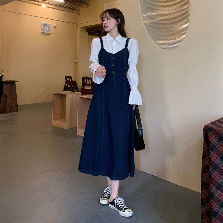 Korean Style Elegant Denim Dresses Women Spaghetti Strap Jeans