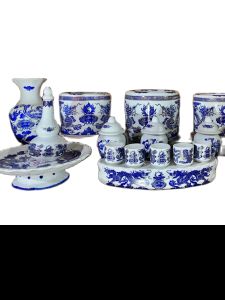 Bộ 3 bát hương thờ gia tiên kèm đủ phụ kiện sứ Bát Tràng xanh kim