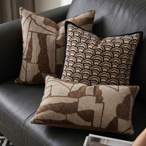 Luxury Modern Abstract Geometric Cushion Cover Textured Jacquard Brown Beige Throw Pillow Case with Black Piping Home Decor