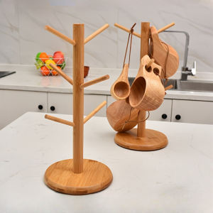 6 hooks Bamboo Mug Holder Coffee Tea CupStand Storage Wood Shelf Kitchen Storage Rack
