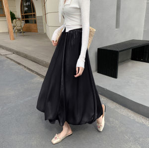 2025 Summer High end Satin Floral Bud Skirt for Girls with Elastic Waist Solid Color A-line Dress