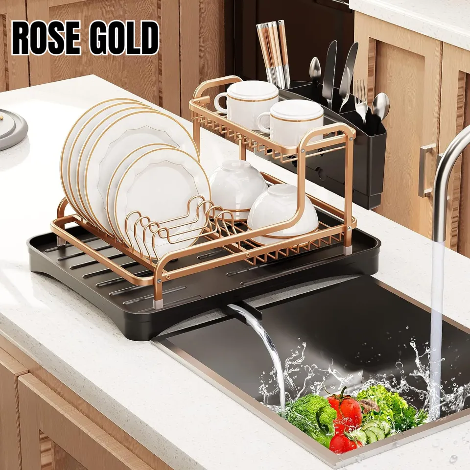 Bebeze Premium Aluminum Dish Drying Rack Two tier Kitchen Organizer Sink Drainer With 360 Swivel Spout Rose Gold Black Lazada PH