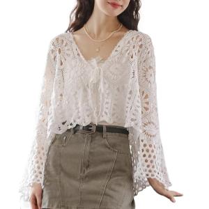 Stylish Ladies Hollow Pattern Knit Outerwear Cotton Breathable and Comfortable Long Sleeve Blouses for Women and Girls