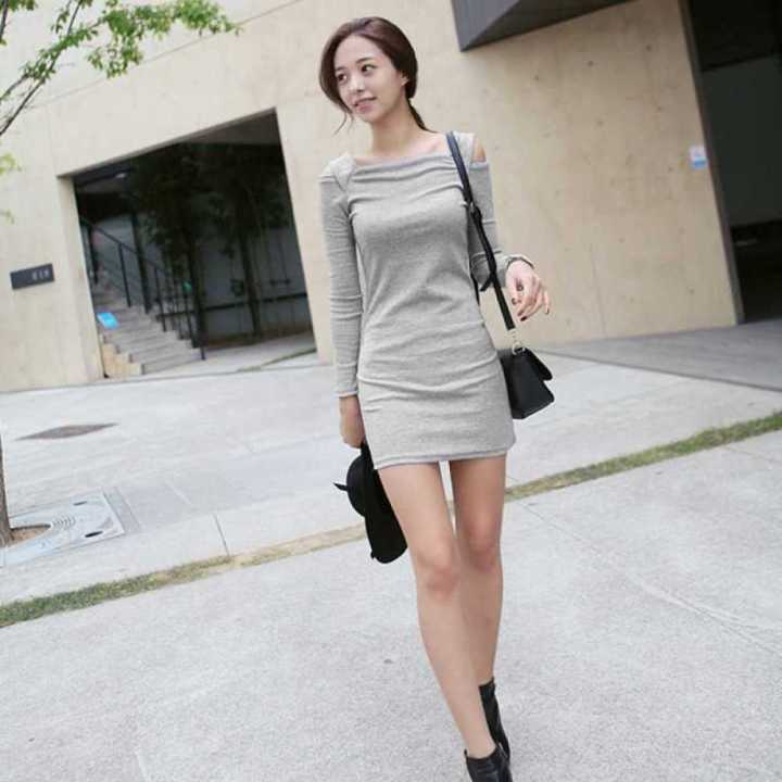 Korean Fashion Women Dress Open Shoulder Square Neck Long Sleeve Sexy Slim  Party Mini Dress (Gray) | Lazada