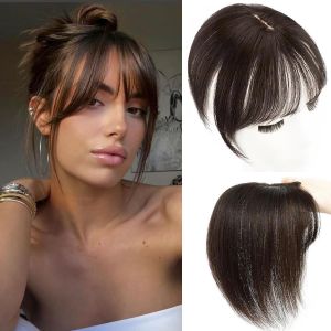 Hair Toppers for Women Real Human Hair 3D Cover Human Topper with Bangs Wispy Bangs Extensions Clip in Bangs for Daily Wear Chocolate Brown