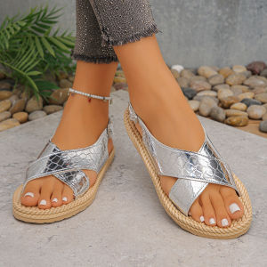 Free Shipping Summer New Plus-Size Sandals With A Woven Sole Metal Buckle And Crocodile-Pattern Design Offering Comfort And Lightness For Women