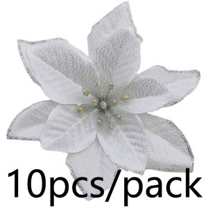 ดอกไม้เทียมวิบวับ10ชิ้น/แพ็คดอกไม้ประดับตกแต่งต้นคริสต์มาสประดิษฐ์ทำด้วยตัวเองคริสต์มาส13ซม. ของขวัญปีใหม่