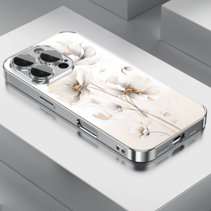 Platinum line floral pattern tempered glass phone case suitable for iPhone 17 16 15 14 13 12 11 Pro/Max/Plus scratch resistant