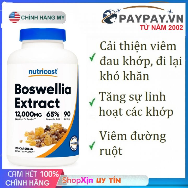 Nhũ Hương Ấn Độ Hỗ trợ chống viêm tính toàn vẹn linh hoạt của Khớp Nutricost Boswellia 12000mg 180 Viên Cao Cấp của Mỹ